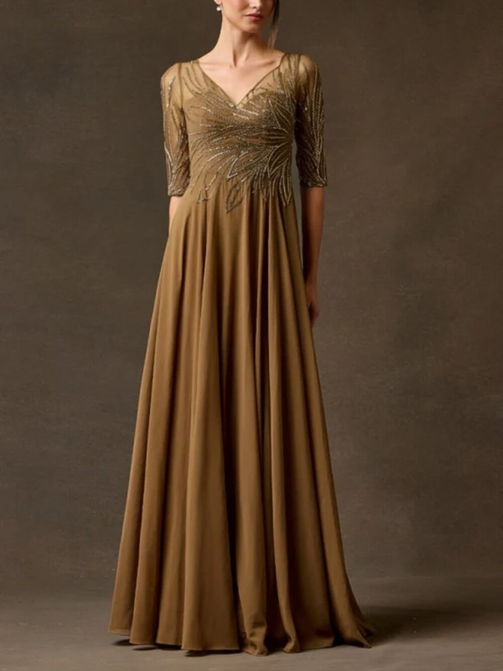 BEADED CHIFFON FORMAL MOTHER OF THE BRIDE/GROOM DRESS WITH SLEEVES. A LINE PARTY